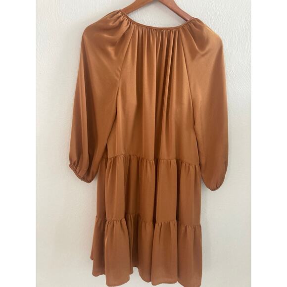 Banana Republic Satin Tiered Swing Dress Rust Gold Caramel Boho Silky Flowy S - Picture 7 of 8